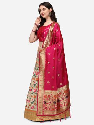 Cream & Pink Woven Design Semi-Stitched Lehenga & Stitched Blouse with Dupatta 2