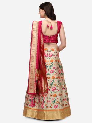 Cream & Pink Woven Design Semi-Stitched Lehenga & Stitched Blouse with Dupatta 3