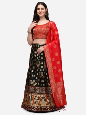 Black & Red Woven Design Semi-Stitched Lehenga & Unstitched Blouse with Dupatta 1