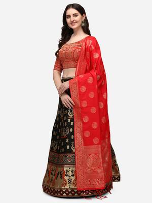 Black & Red Woven Design Semi-Stitched Lehenga & Unstitched Blouse with Dupatta 2