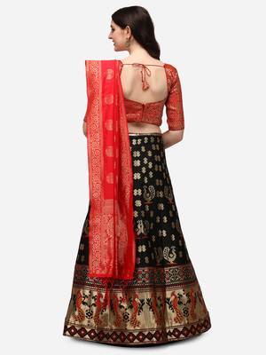 Black & Red Woven Design Semi-Stitched Lehenga & Unstitched Blouse with Dupatta 3