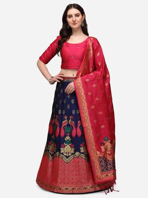 Blue & Pink Woven Design Semi-Stitched Lehenga & Unstitched Blouse with Dupatta 1