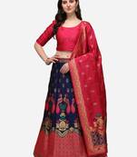 Blue & Pink Woven Design Semi-Stitched Lehenga & Unstitched Blouse with Dupatta