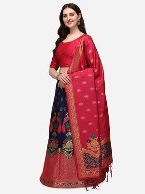 Blue & Pink Woven Design Semi-Stitched Lehenga & Unstitched Blouse with Dupatta 2