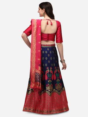 Blue & Pink Woven Design Semi-Stitched Lehenga & Unstitched Blouse with Dupatta 3
