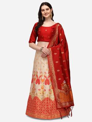 Cream & Red Woven Design Semi-Stitched Lehenga & Unstitched Blouse with Dupatta 1