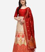 Cream & Red Woven Design Semi-Stitched Lehenga & Unstitched Blouse with Dupatta