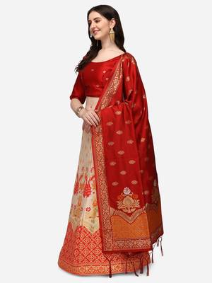 Cream & Red Woven Design Semi-Stitched Lehenga & Unstitched Blouse with Dupatta 2