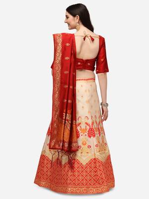 Cream & Red Woven Design Semi-Stitched Lehenga & Unstitched Blouse with Dupatta 3