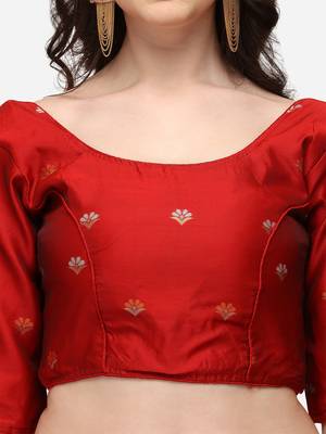 Cream & Red Woven Design Semi-Stitched Lehenga & Unstitched Blouse with Dupatta 4