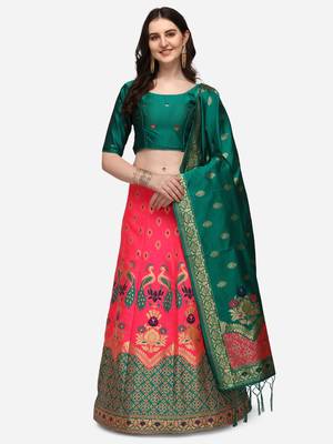 Pink & Teal Woven Design Semi-Stitched Lehenga & Unstitched Blouse with Dupatta 1