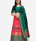 Pink & Teal Woven Design Semi-Stitched Lehenga & Unstitched Blouse with Dupatta