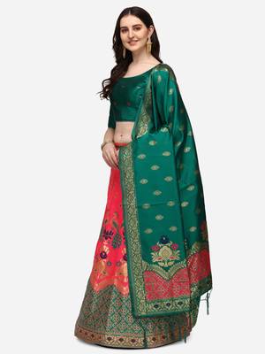 Pink & Teal Woven Design Semi-Stitched Lehenga & Unstitched Blouse with Dupatta 2