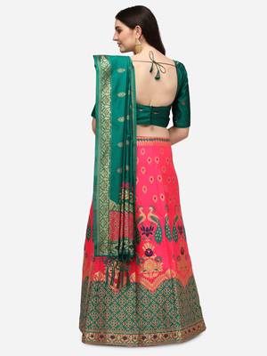 Pink & Teal Woven Design Semi-Stitched Lehenga & Unstitched Blouse with Dupatta 3