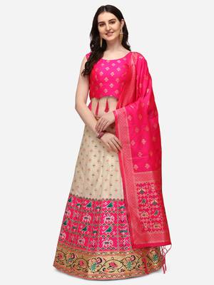 Cream & Pink Woven Design Semi-Stitched Lehenga & Stitched Blouse with Dupatta 1