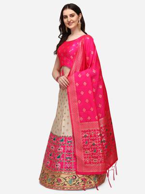Cream & Pink Woven Design Semi-Stitched Lehenga & Stitched Blouse with Dupatta 2