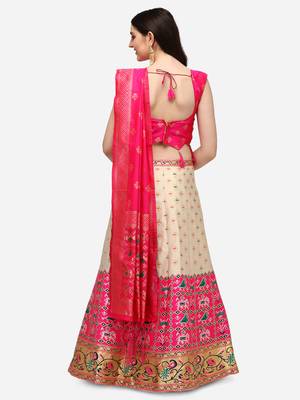 Cream & Pink Woven Design Semi-Stitched Lehenga & Stitched Blouse with Dupatta 3