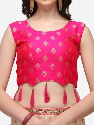 Cream & Pink Woven Design Semi-Stitched Lehenga & Stitched Blouse with Dupatta 4