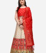 Cream & Red Woven Design Semi-Stitched Lehenga & Stitched Blouse with Dupatta