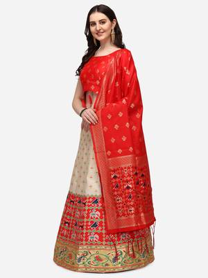 Cream & Red Woven Design Semi-Stitched Lehenga & Stitched Blouse with Dupatta 2