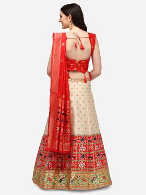 Cream & Red Woven Design Semi-Stitched Lehenga & Stitched Blouse with Dupatta 3