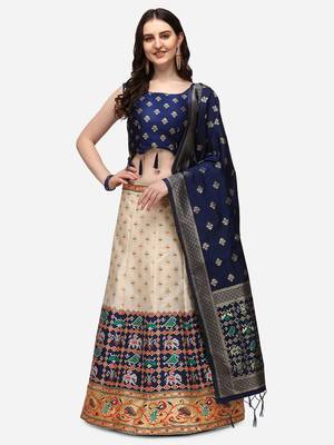 Cream & Blue Woven Design Semi-Stitched Lehenga & Stitched Blouse with Dupatta 1