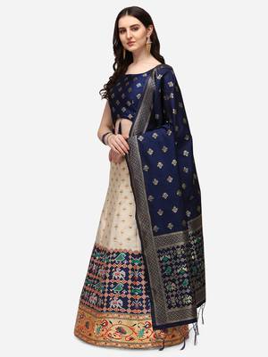 Cream & Blue Woven Design Semi-Stitched Lehenga & Stitched Blouse with Dupatta 2
