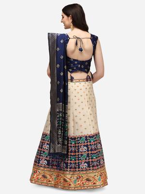Cream & Blue Woven Design Semi-Stitched Lehenga & Stitched Blouse with Dupatta 3