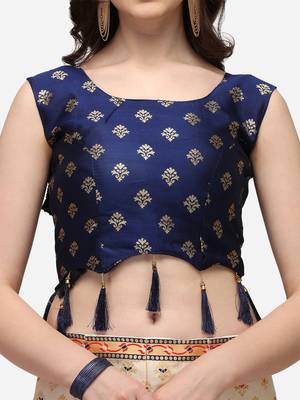 Cream & Blue Woven Design Semi-Stitched Lehenga & Stitched Blouse with Dupatta 4