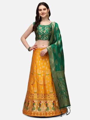 Yellow & Green Woven Design Semi-Stitched Lehenga & Unstitched Blouse with Dupatta 1