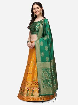 Yellow & Green Woven Design Semi-Stitched Lehenga & Unstitched Blouse with Dupatta 2