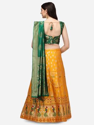 Yellow & Green Woven Design Semi-Stitched Lehenga & Unstitched Blouse with Dupatta 3