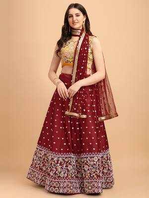 Maroon & Yellow Embroidered Semi-Stitched Lehenga & Unstitched Blouse with Dupatta 1