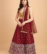 Maroon & Yellow Embroidered Semi-Stitched Lehenga & Unstitched Blouse with Dupatta
