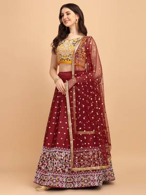 Maroon & Yellow Embroidered Semi-Stitched Lehenga & Unstitched Blouse with Dupatta 2