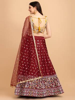 Maroon & Yellow Embroidered Semi-Stitched Lehenga & Unstitched Blouse with Dupatta 3
