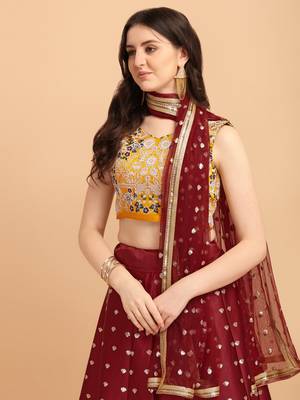 Maroon & Yellow Embroidered Semi-Stitched Lehenga & Unstitched Blouse with Dupatta 4