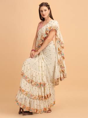 Off-White Faux Georgette Embroidered Ruffled Saree with Blosue Piece 1