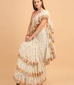 Off-White Faux Georgette Embroidered Ruffled Saree with Blosue Piece