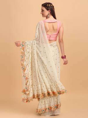 Off-White Faux Georgette Embroidered Ruffled Saree with Blosue Piece 2