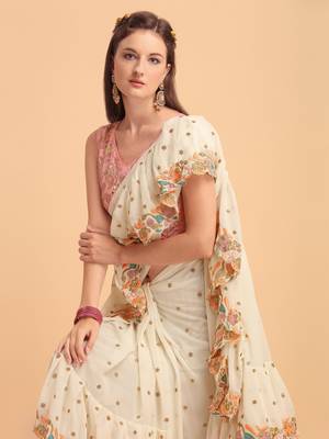 Off-White Faux Georgette Embroidered Ruffled Saree with Blosue Piece 3