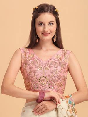 Off-White Faux Georgette Embroidered Ruffled Saree with Blosue Piece 4
