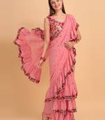 Peach Faux Georgette Embroidered Ruffled Saree with Blosue Piece