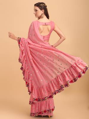 Peach Faux Georgette Embroidered Ruffled Saree with Blosue Piece 2