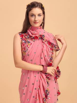 Peach Faux Georgette Embroidered Ruffled Saree with Blosue Piece 3