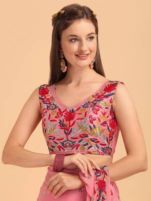 Peach Faux Georgette Embroidered Ruffled Saree with Blosue Piece 4