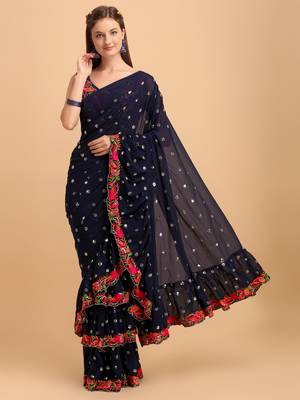 Blue Faux Georgette Embroidered Ruffled Saree with Blosue Piece 1