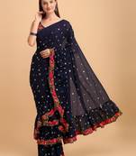 Blue Faux Georgette Embroidered Ruffled Saree with Blosue Piece
