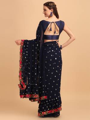 Blue Faux Georgette Embroidered Ruffled Saree with Blosue Piece 2