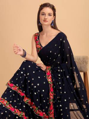 Blue Faux Georgette Embroidered Ruffled Saree with Blosue Piece 3